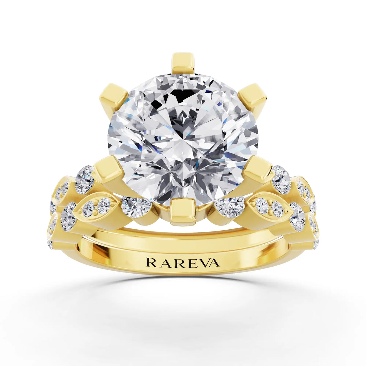 14 KT Yellow Gold Round Cut Diamond Solitaire Ring with Marquise Motif Band - Front