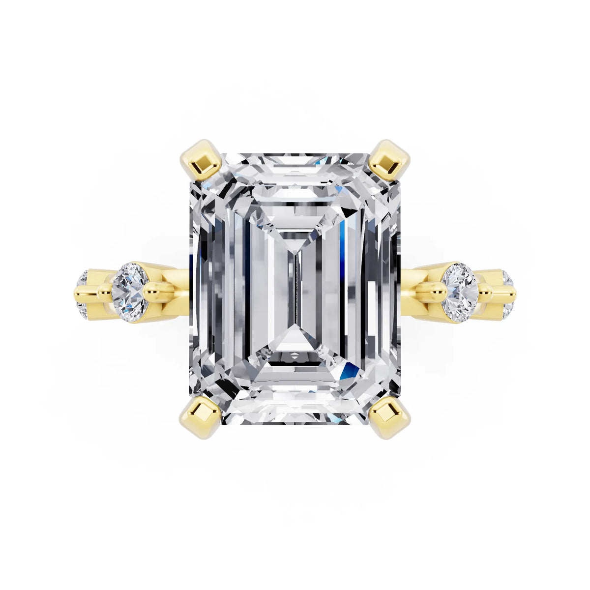 14 KT Yellow Gold Emerald Cut Diamond Solitaire Ring with Floating Diamond Accents - top angle