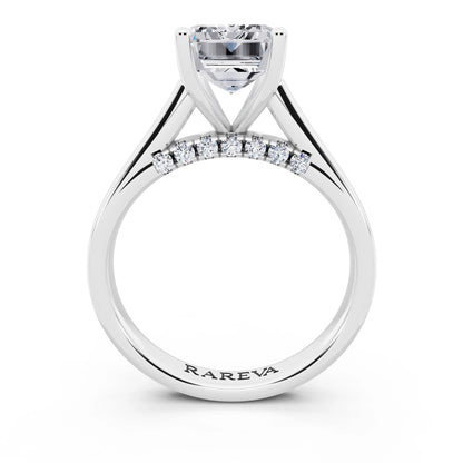 14 KT White Gold Emerald Cut Diamond Solitaire Ring with Hidden Accent - through finger