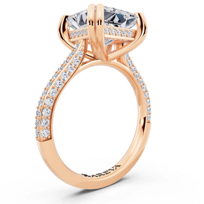 18 KT Rose Gold Princess Cut Diamond Hidden Halo Double Claw Pave Band Ring - top view