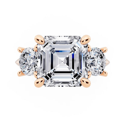 18 KT Rose Gold Asscher Cut Diamond Three Stone Ring with Round Accents - top angle