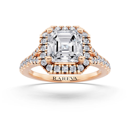 14 KT Rose Gold Asscher Cut Diamond Halo Ring with Split Shank - front view