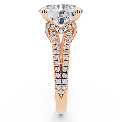 14 KT Rose Gold Oval Cut Diamond Ring with Pavé Split Shank - side view
