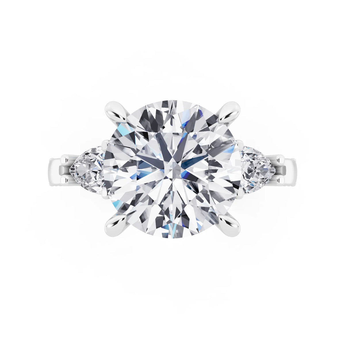 18 KT White Gold Round Cut Diamond Three Stone Pear Accent Vintage Pave Ring - top angle