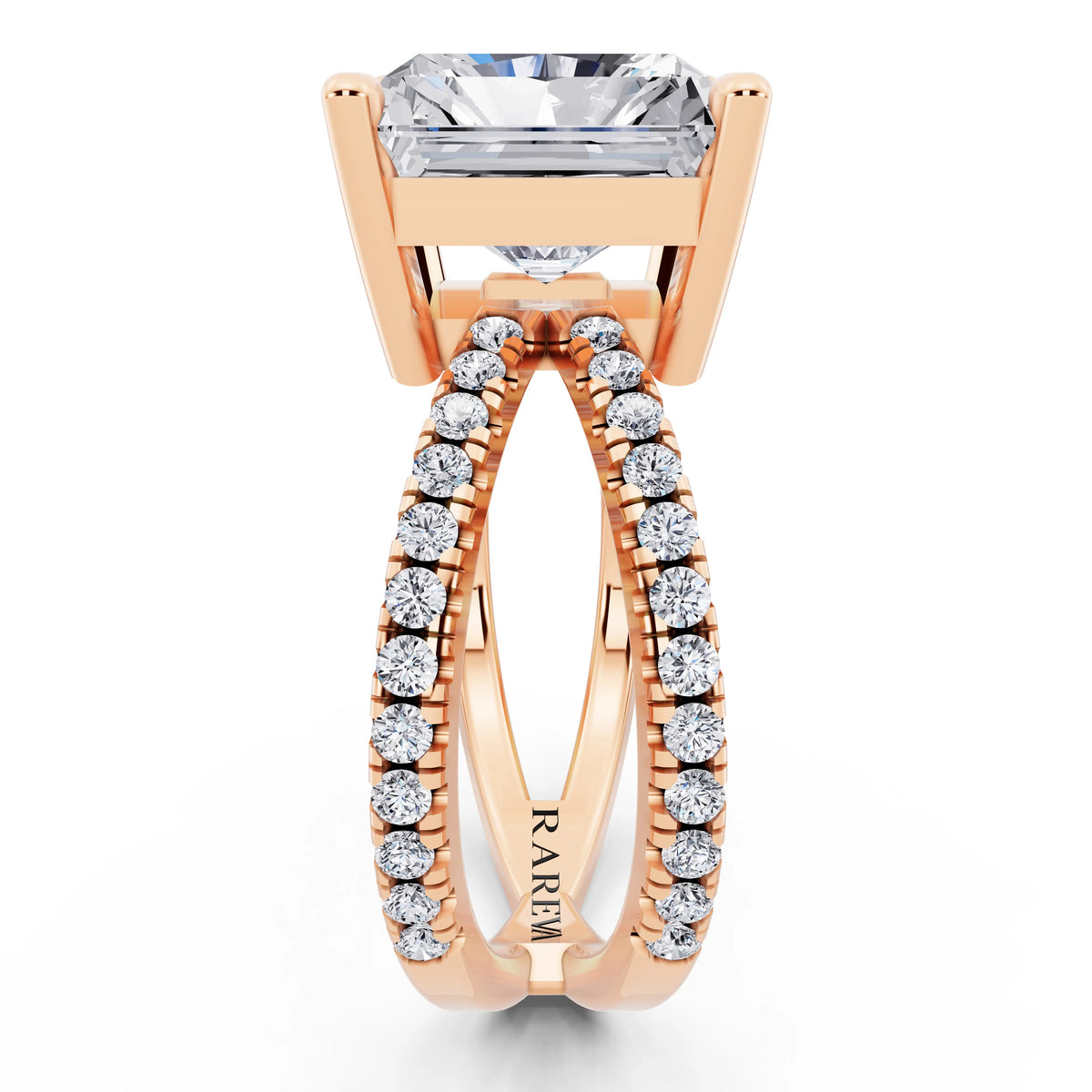 18 KT Rose Gold Radiant Cut Diamond Ring with Twisted Split Shank - side view