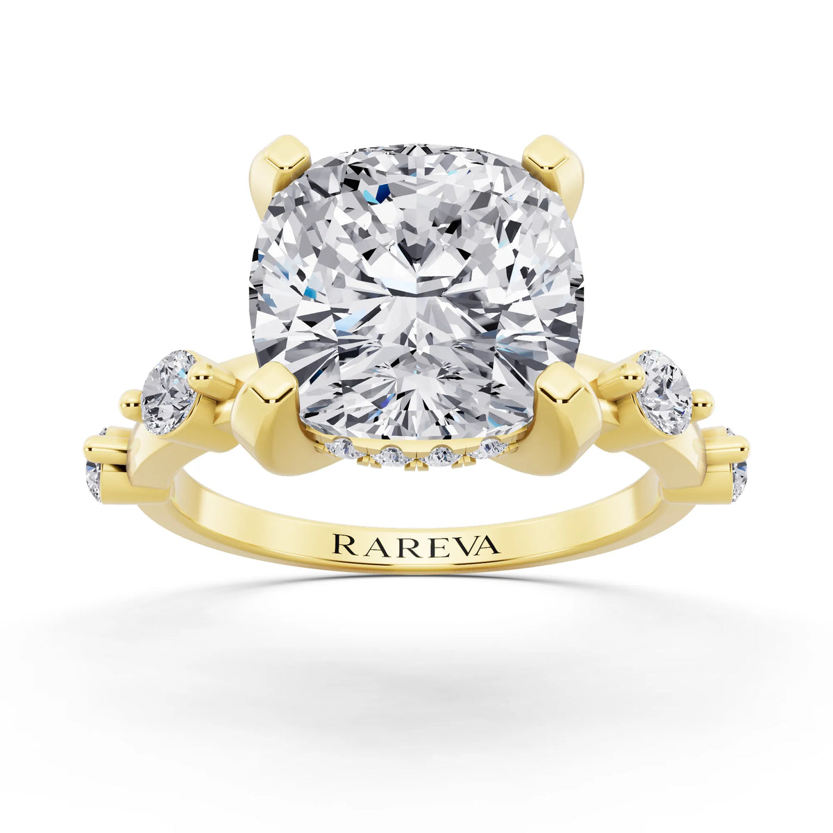 14 KT Yellow Gold Cushion Cut Diamond Solitaire Ring with Floating Diamond Accents - front view