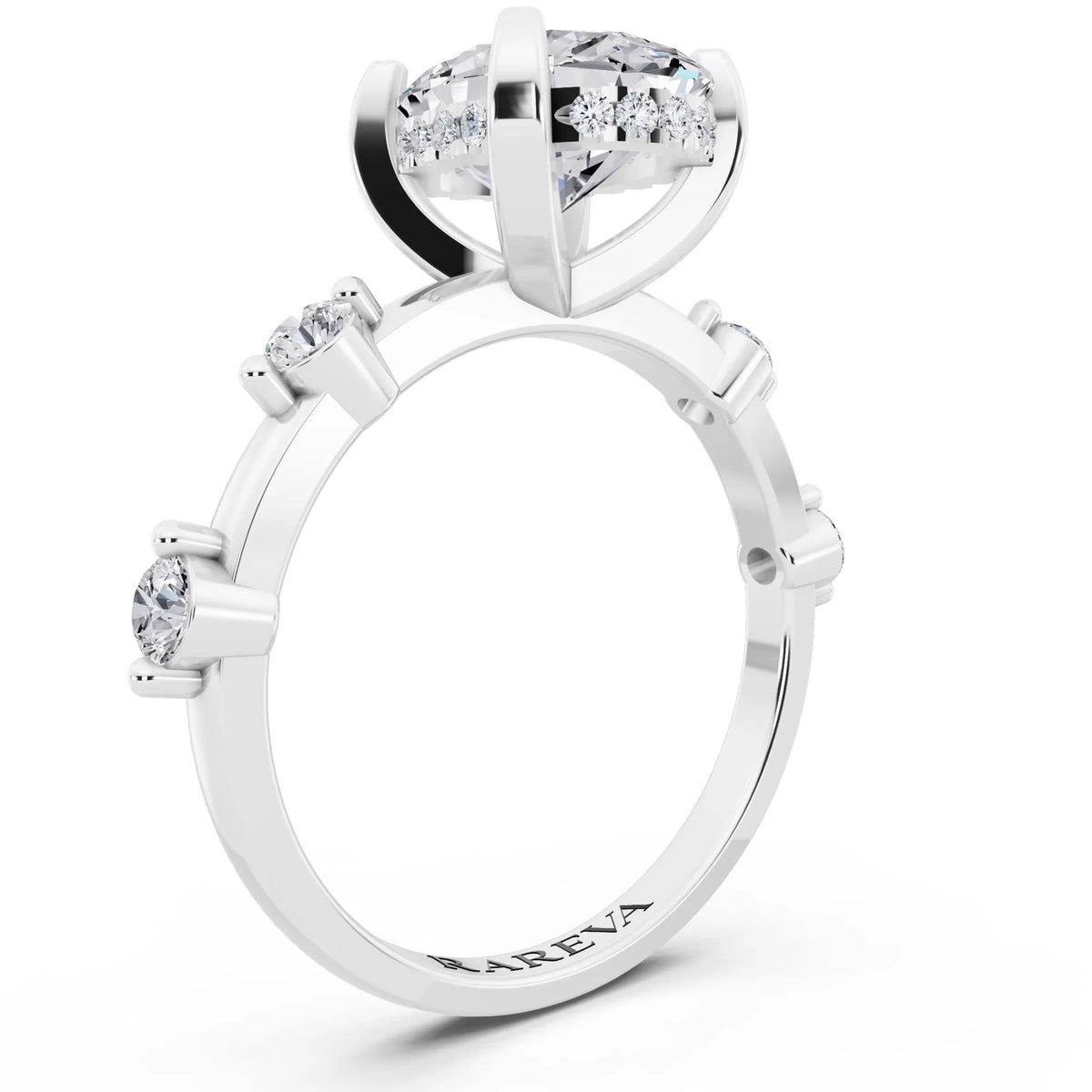 14 KT White Gold Oval Cut Diamond Solitaire Ring with Floating Diamond Accents - top view