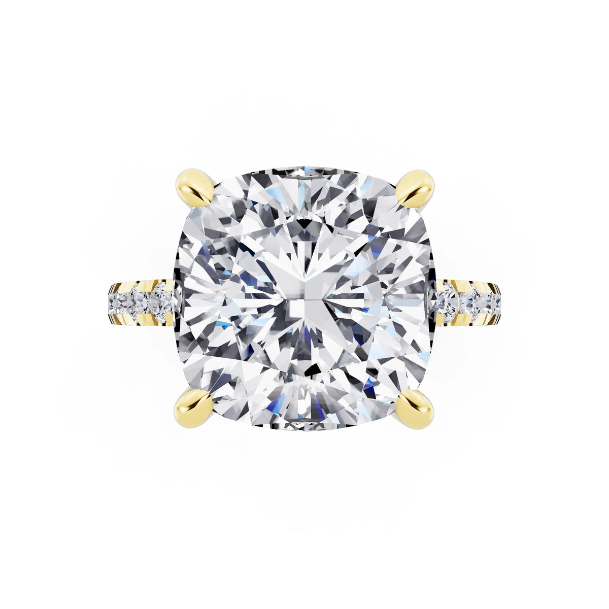18 KT Yellow Gold Cushion Cut Diamond Hidden Halo Tiger Prong Pave Band Ring - top angle