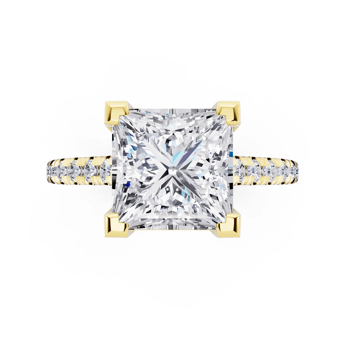 18 KT Yellow Gold Princess Cut Diamond Claw Prong Solitaire Ring with French Pave Band - top angle