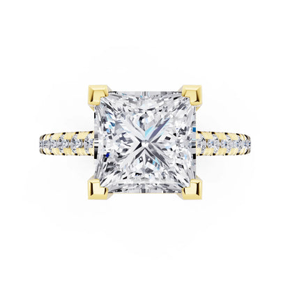 18 KT Yellow Gold Princess Cut Diamond Claw Prong Solitaire Ring with French Pave Band - top angle