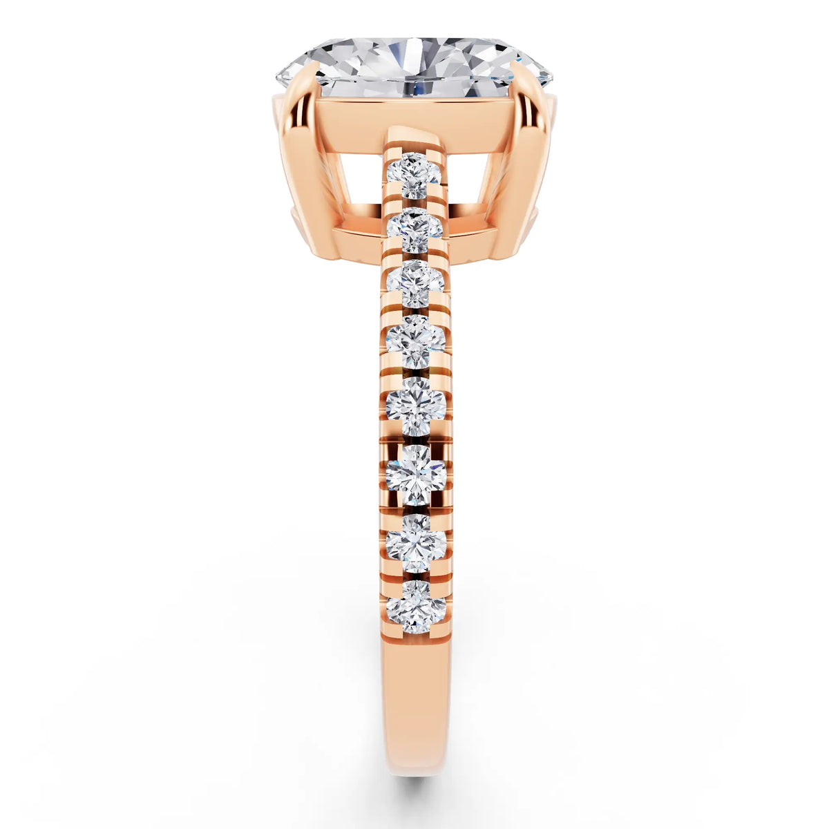 18 KT Rose Gold Oval Cut Diamond Claw Prong Solitaire Ring with French Pave Band - side view
