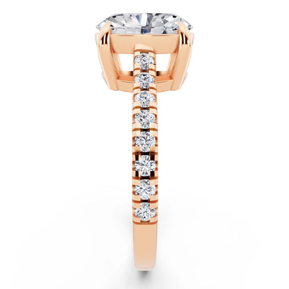 18 KT Rose Gold Oval Cut Diamond Claw Prong Solitaire Ring with French Pave Band - side view
