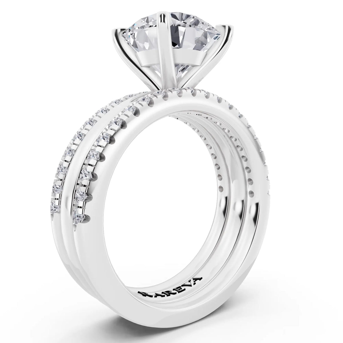 Platinum Round Cut Diamond Solitaire Twin Pave Band Stack Ring - top view