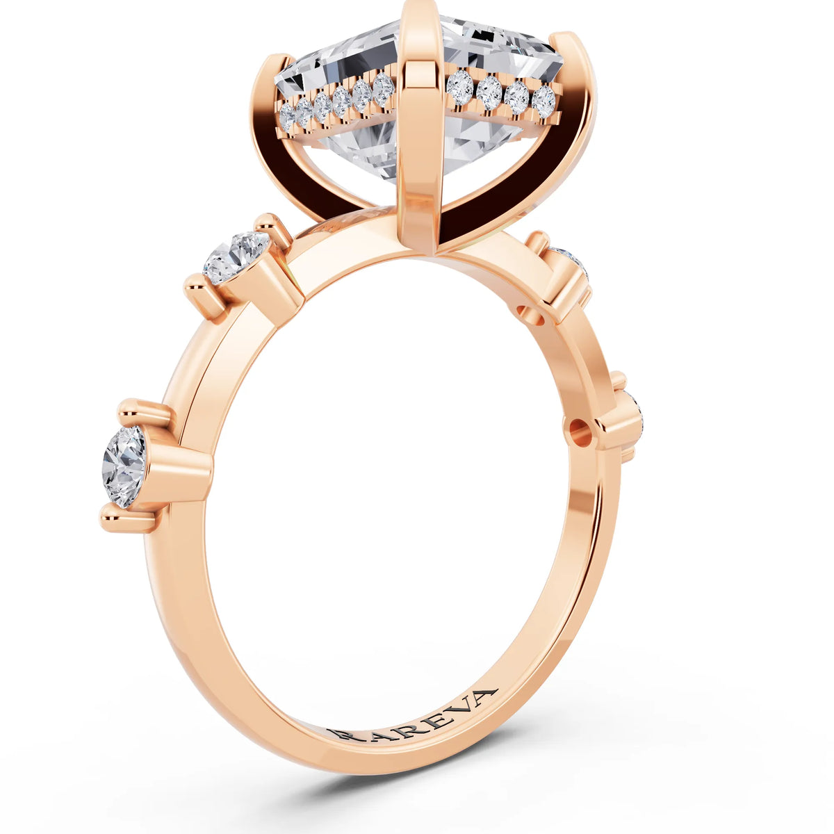 18 KT Rose Gold Emerald Cut Diamond Solitaire Ring with Floating Diamond Accents - top view