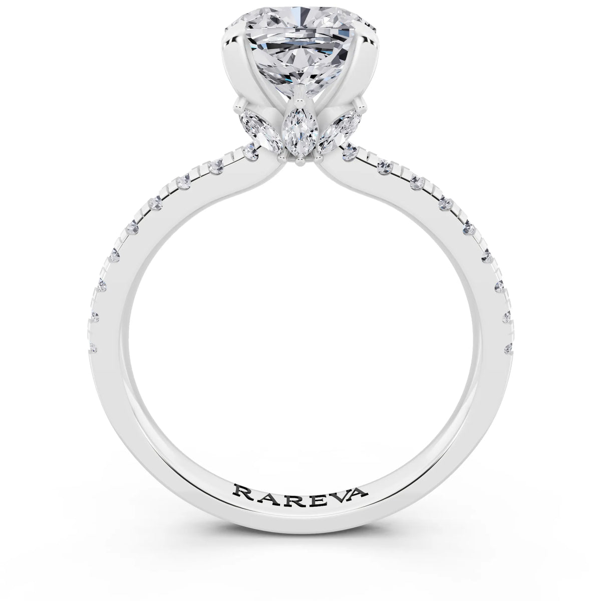 18 KT White Gold Cushion Cut Diamond Solitaire Ring with Marquise Collar - through finger
