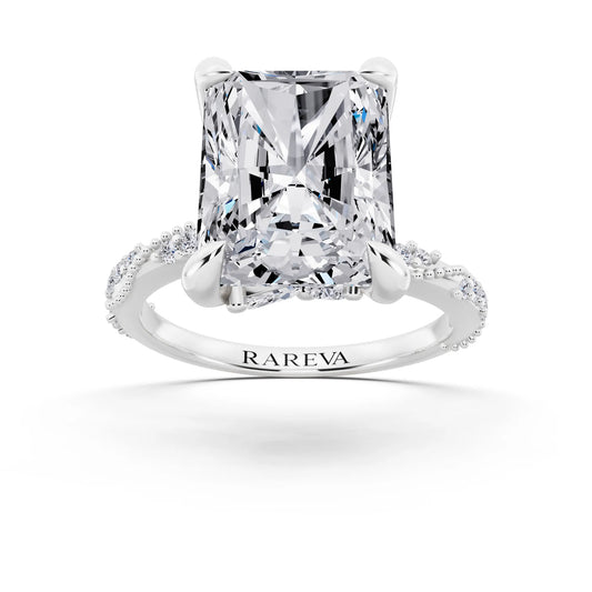 Platinum Radiant Cut Diamond Ring with Marquise Accent - front view
