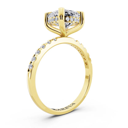 14 KT Yellow Gold Cushion Cut Diamond Solitaire Ring with Round Pavé Band and Prong Setting - top view