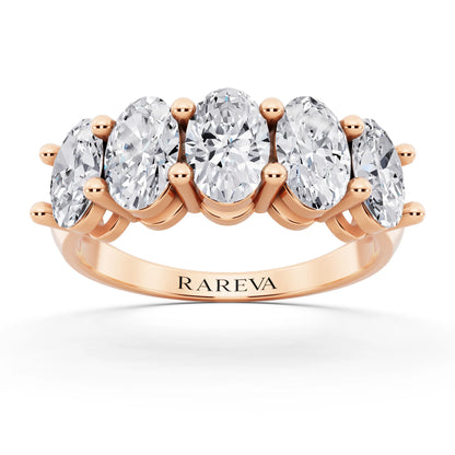 14K Rose Gold Five Stone Oval Cut Diamond Half Eternity Wedding Band - 2.7mm - Front