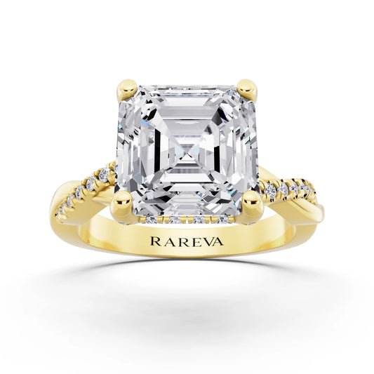 14 KT Yellow Gold Asscher Cut Diamond Hidden Halo Ring with Twisted Pave Band - front view