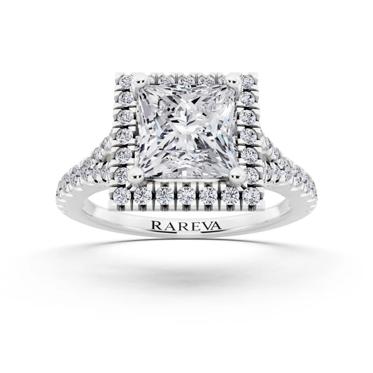 18 KT White Gold Princess Cut Diamond Halo Ring with Split Shank - front view