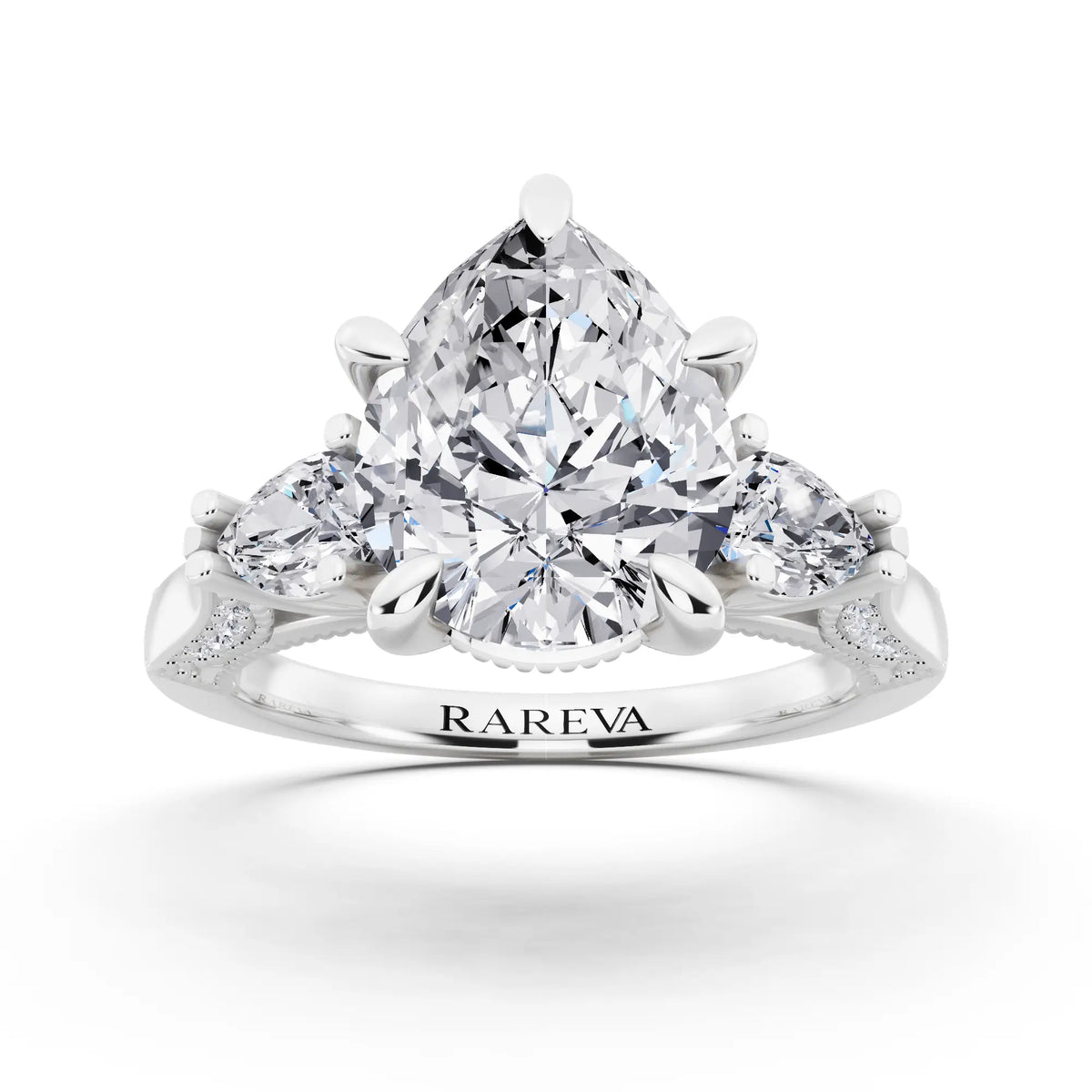 18 KT White Gold Pear Cut Diamond Three Stone Pear Accent Vintage Pave Ring - front view