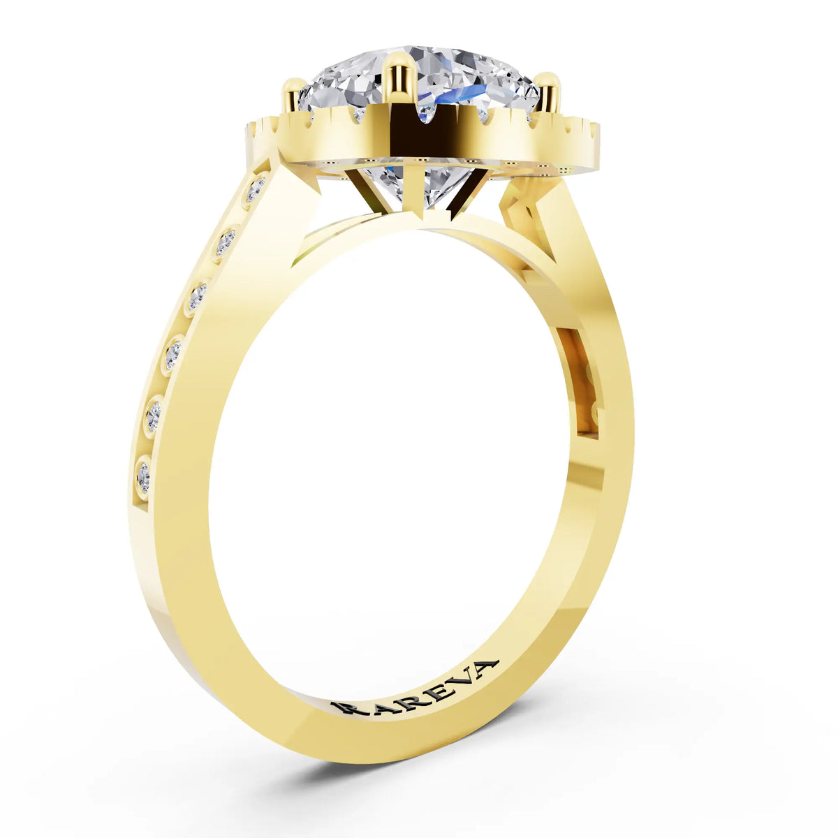 18 KT Yellow Gold Cushion Cut Diamond Halo Ring with Bezel Accent Band - top view