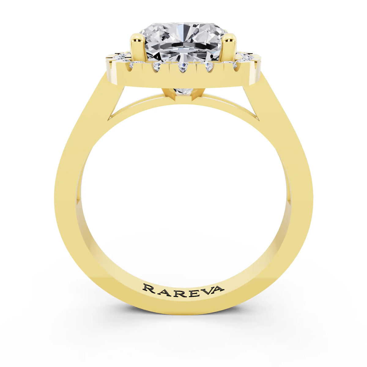 18 KT Yellow Gold Cushion Cut Diamond Halo Ring with Bezel Accent Band - through finger