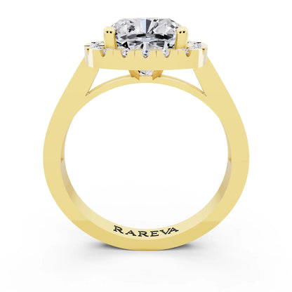 18 KT Yellow Gold Cushion Cut Diamond Halo Ring with Bezel Accent Band - through finger
