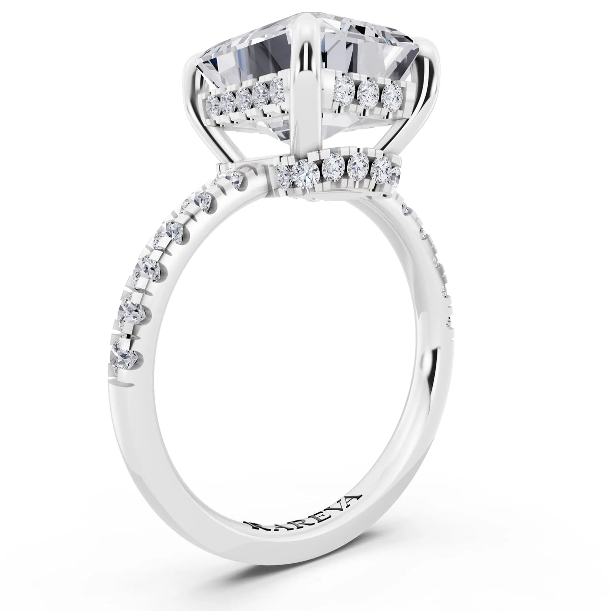 Platinum Emerald Cut Diamond Hidden Halo Tiger Prong Pave Band Ring - top view