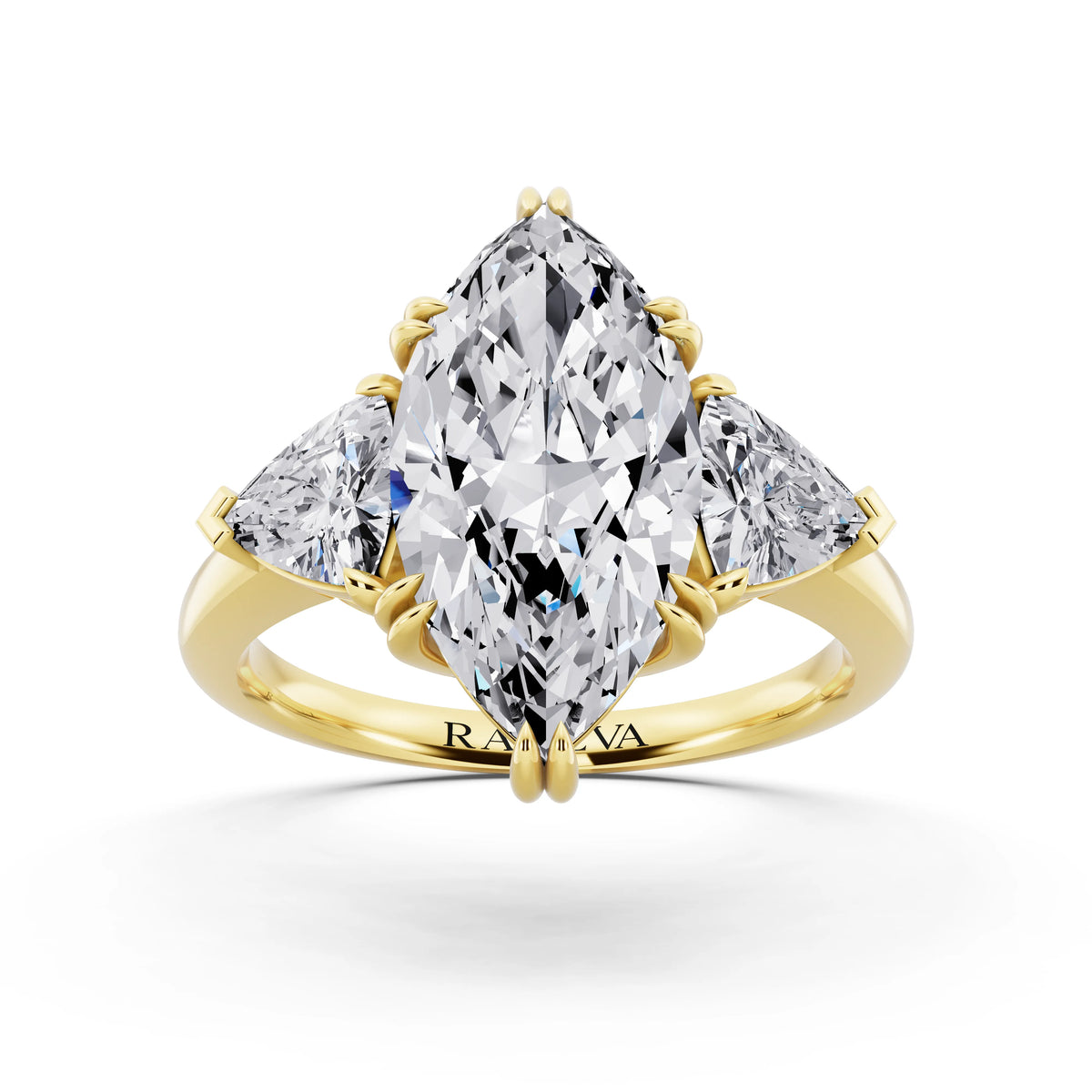 14 KT Yellow Gold Marquise Cut Diamond Three Stone Ring with Trillion Accents - front view