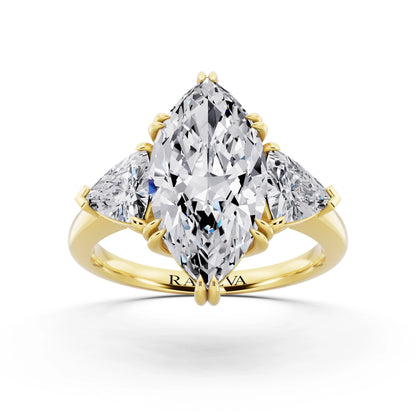 14 KT Yellow Gold Marquise Cut Diamond Three Stone Ring with Trillion Accents - front view