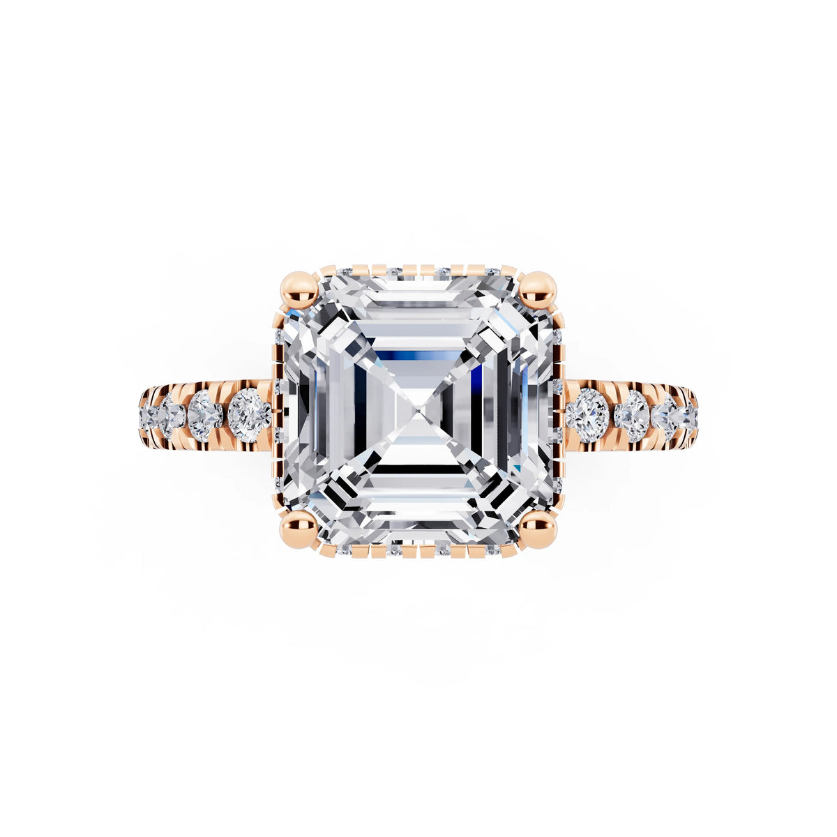18 KT Rose Gold Asscher Cut Diamond Hidden Halo Ring with Pave Band - top angle