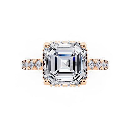 18 KT Rose Gold Asscher Cut Diamond Hidden Halo Ring with Pave Band - top angle