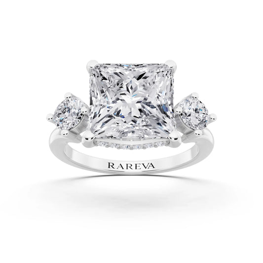 14 KT White Gold Princess Cut Diamond Three Stone Engagement Ring with Hidden Halo - front view