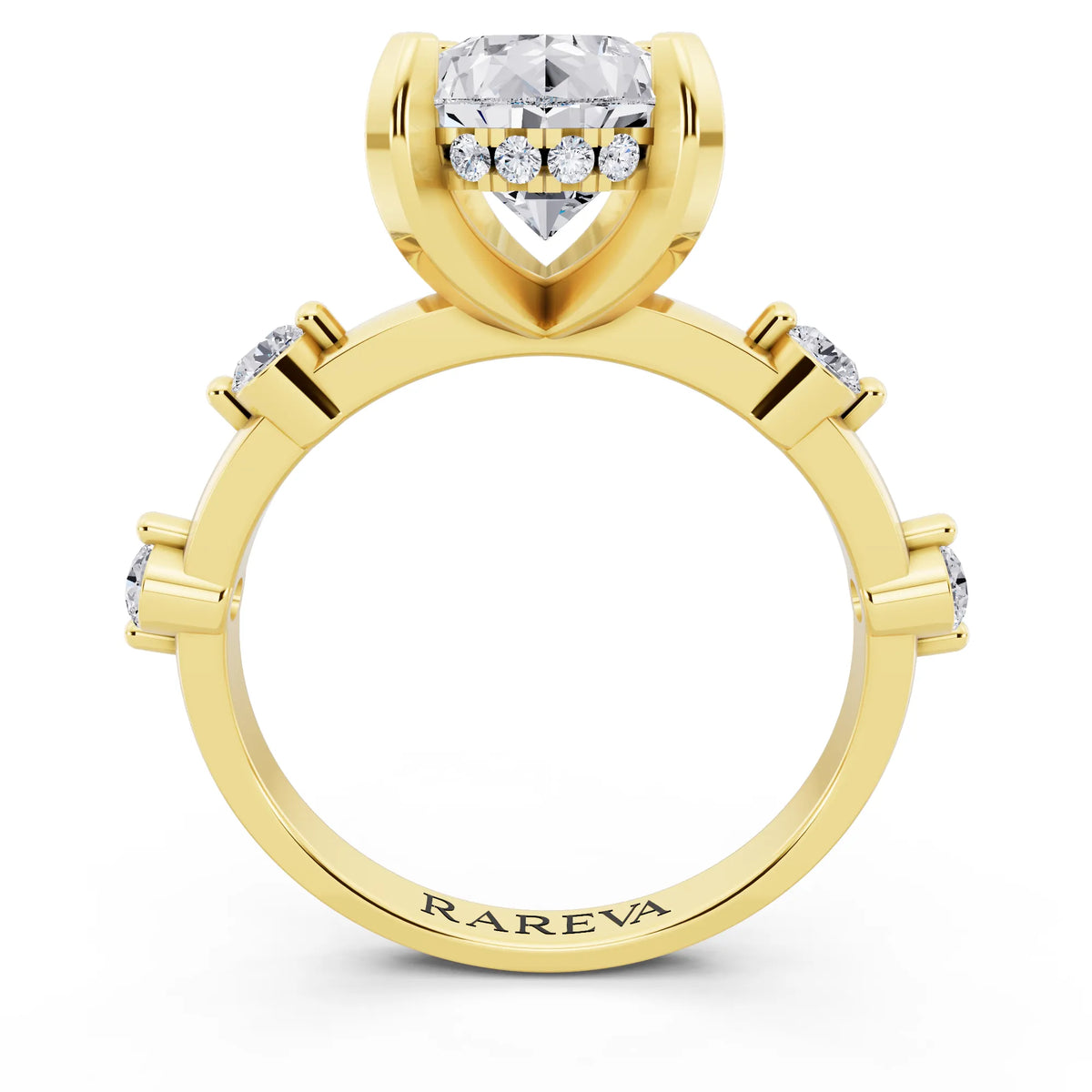 18 KT Yellow Gold Pear Cut Diamond Solitaire Ring with Floating Diamond Accents - through finger