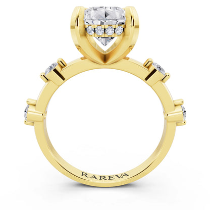18 KT Yellow Gold Pear Cut Diamond Solitaire Ring with Floating Diamond Accents - through finger
