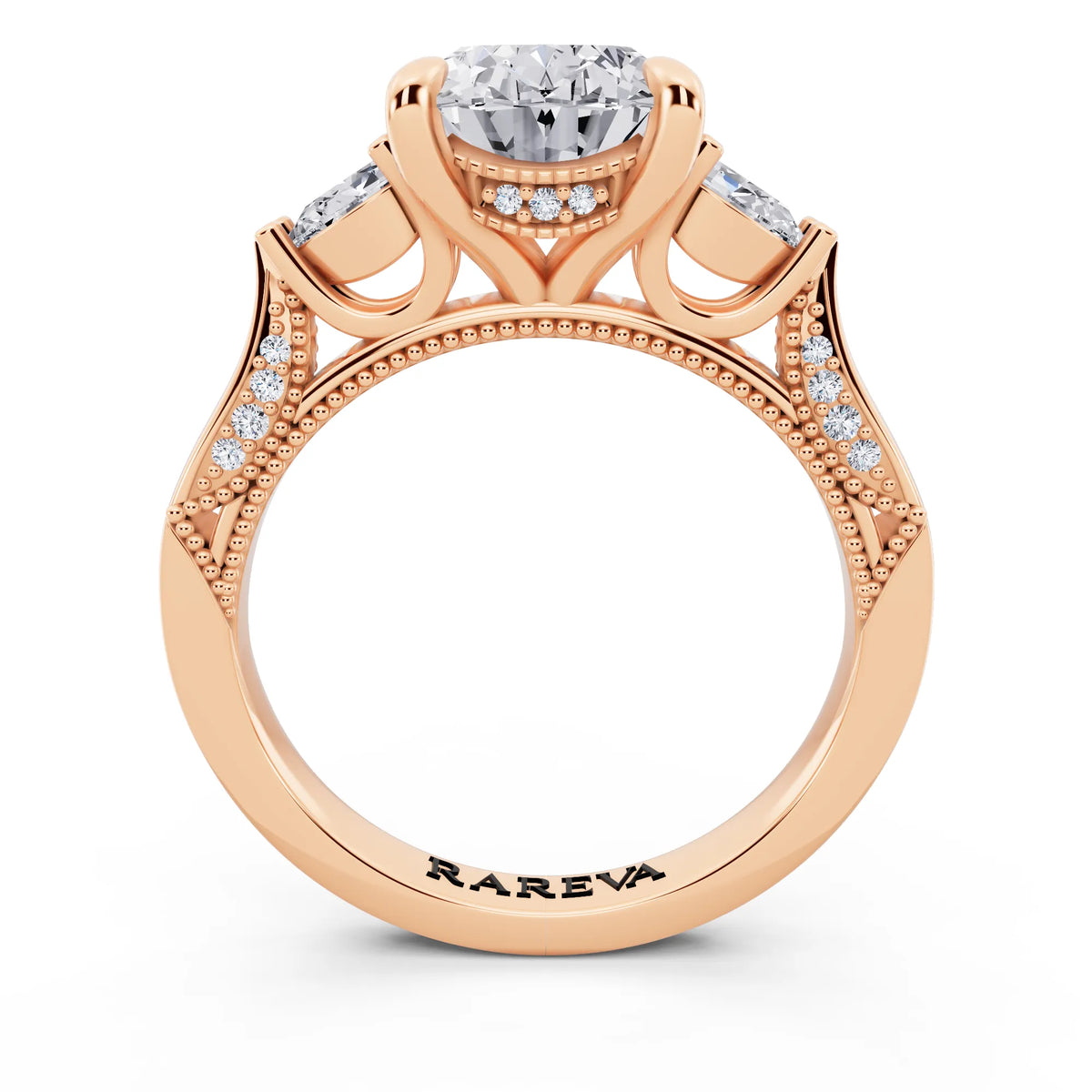18 KT Rose Gold Oval Cut Diamond Three Stone Pear Accent Vintage Pave Ring - through finger