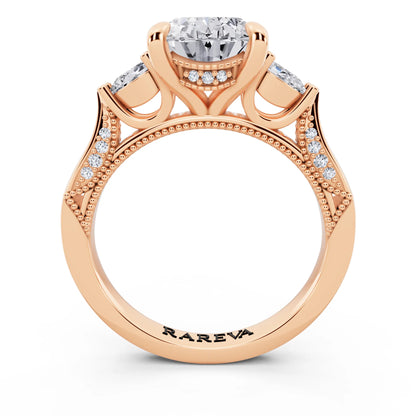 18 KT Rose Gold Oval Cut Diamond Three Stone Pear Accent Vintage Pave Ring - through finger