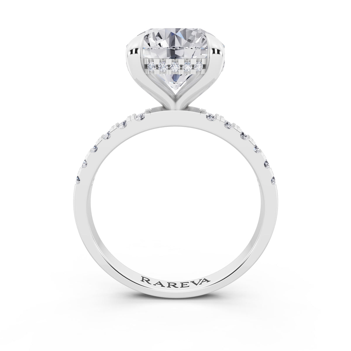 14 KT White Gold Round Cut Diamond Solitaire Ring with Round Pavé Band and Prong Setting - through finger