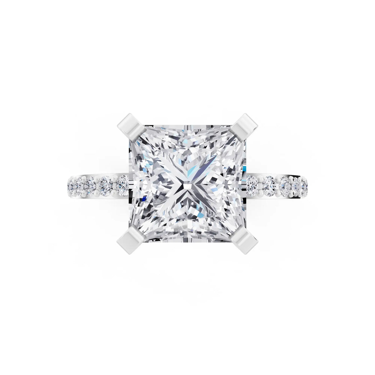 14 KT White Gold Princess Cut Diamond Solitaire Ring with Pave Shank - top angle