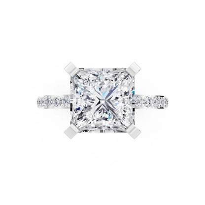 14 KT White Gold Princess Cut Diamond Solitaire Ring with Pave Shank - top angle