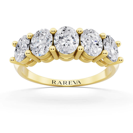 14K Yellow Gold Five Stone Oval Cut Diamond Half Eternity Wedding Band - 2.5mm - Front