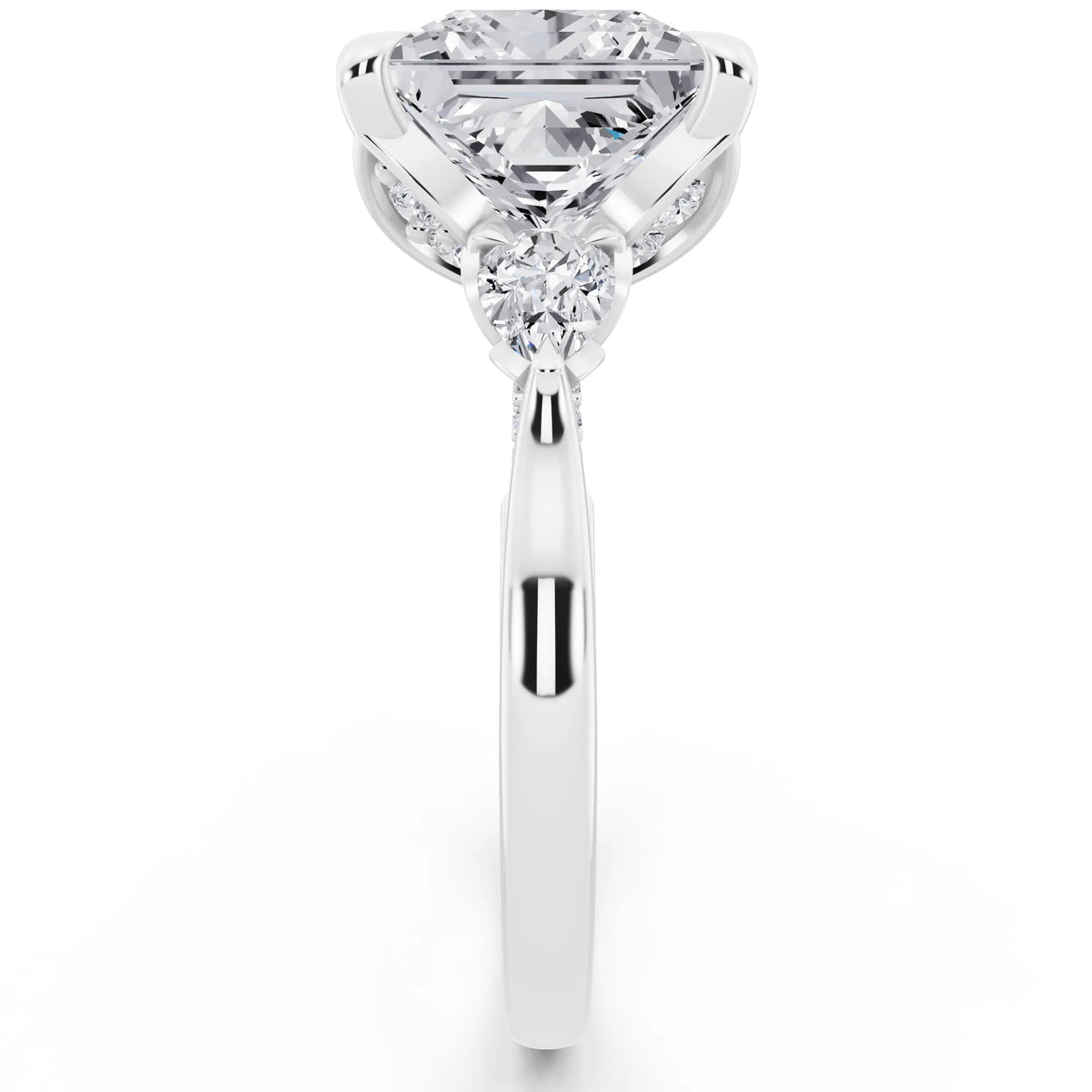 14 KT White Gold Princess Cut Diamond Cluster Engagement Ring with Pear Accents and Pavé Band - side view