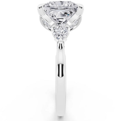 14 KT White Gold Princess Cut Diamond Cluster Engagement Ring with Pear Accents and Pavé Band - side view