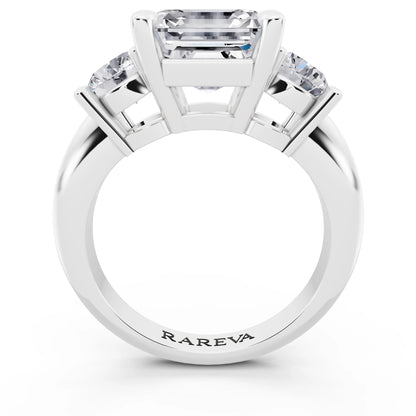 14 KT White Gold Asscher Cut Diamond Three Stone Ring with Round Accents - through finger