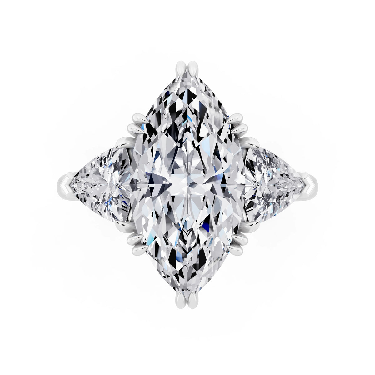 Platinum Marquise Cut Diamond Three Stone Ring with Trillion Accents - top angle