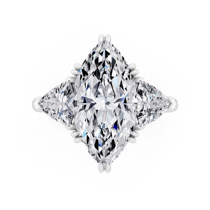 Platinum Marquise Cut Diamond Three Stone Ring with Trillion Accents - top angle