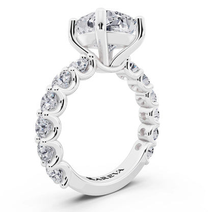 14 KT White Gold Cushion Cut Diamond Ring with Shared Prong Eternity Band - top view