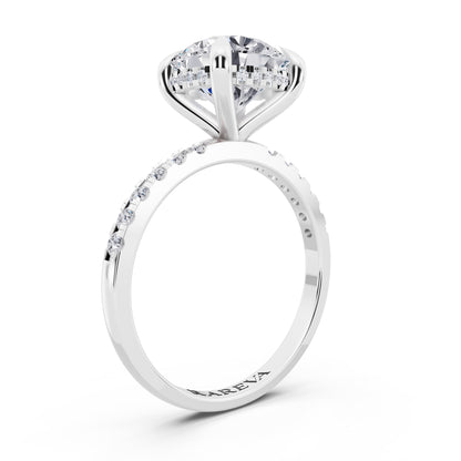 18 KT White Gold Round Cut Diamond Solitaire Ring with Round Pavé Band and Prong Setting - top view