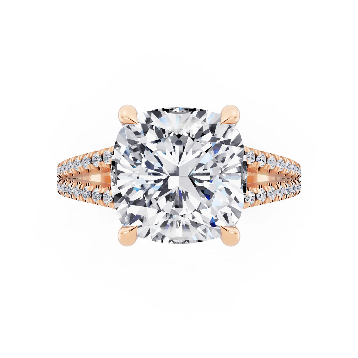 14 KT Rose Gold Cushion Cut Diamond Ring with Pavé Split Shank - top angle